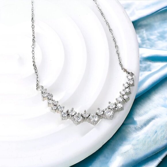 NEW Cluster Necklace 16” 14K White Gold Plated CZ Wedding Minimalist Dainty - Picture 5 of 16